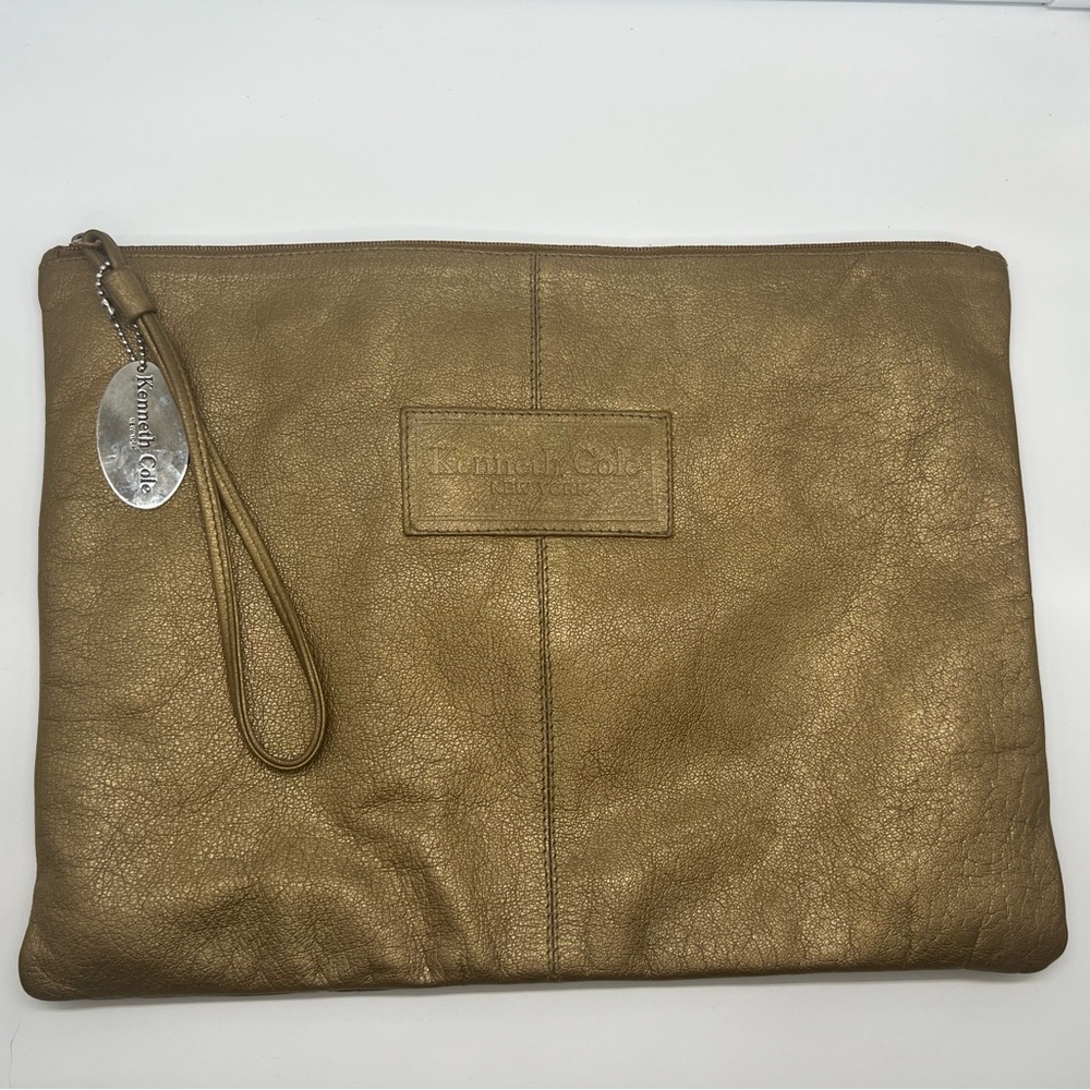 KENNETH COLE Made in India Brown Leather Oversized Wristlet Clutch Laptop Sleeve